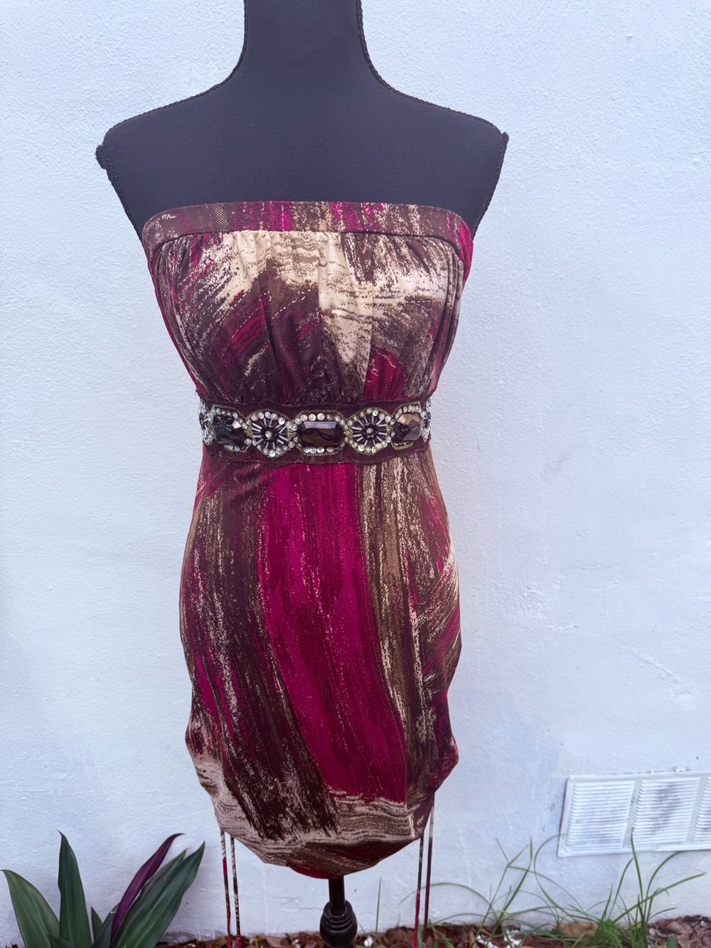Strapless Beaded Waist Metallic Fuchsia & Brown Mini Dress